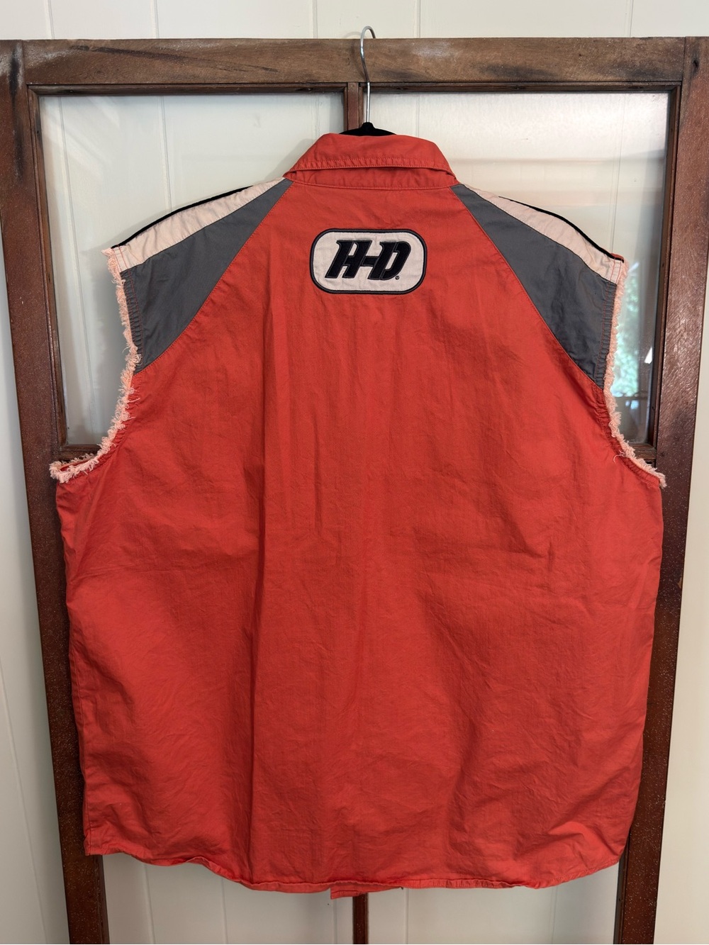 Harley-Davidson Vintage Men’s Orange Biker Sleeveless Logo Vest XL Raw Edge - Picture 6 of 7